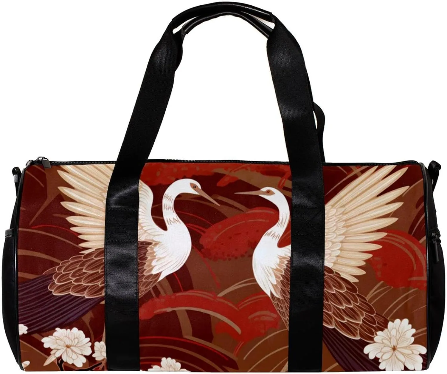 Gym Bags for Women,Duffle Bag for Travel,Crane with Floral Red Background,Gym Bag for Men