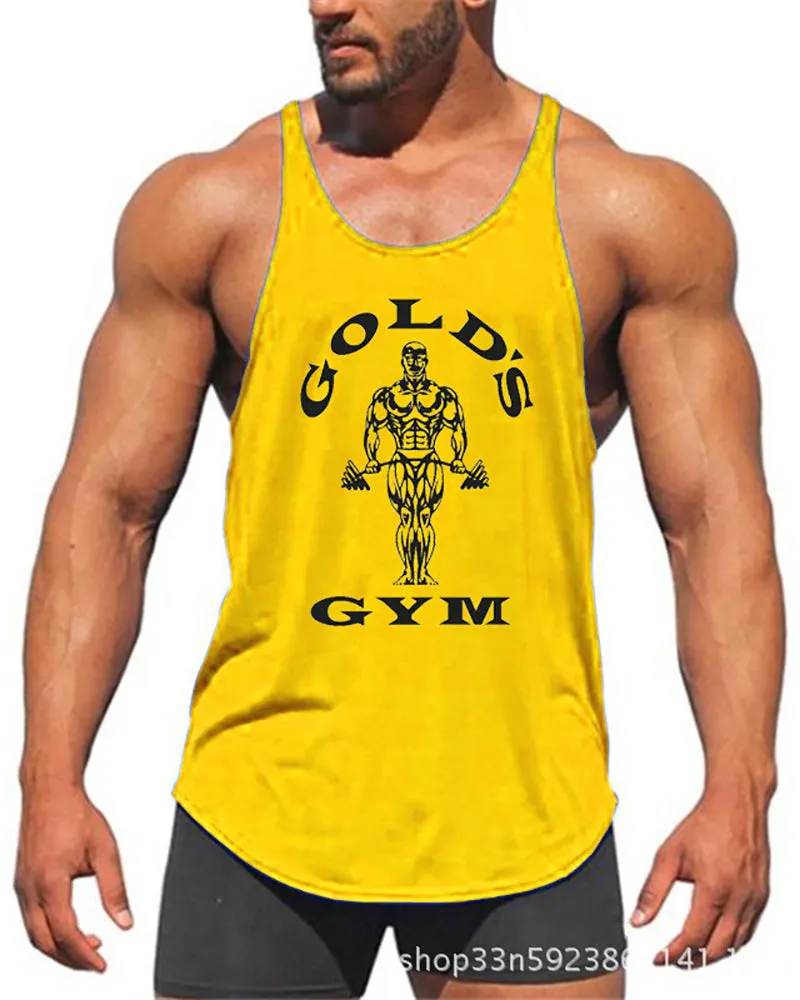 Gym Printed Vest Fitness Circular Hem Training Men's Sling Vest White Yellow Red Gray Blue M-2XL