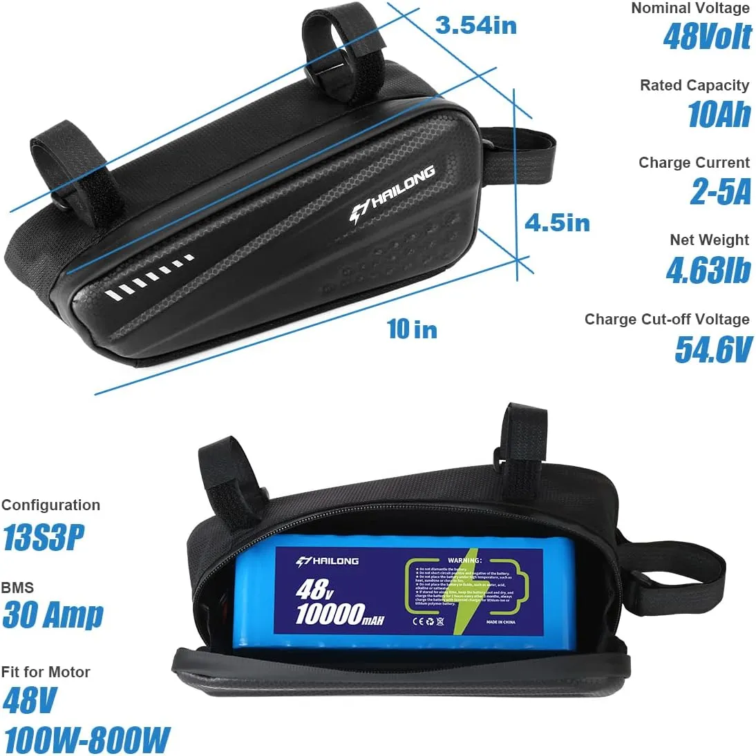 H HAILONG 48V 10ah Electric Bike Scooter Lithium Battery with Waterproof Case,2A Charger and BMS for 250W 500W 600W 800w Motor