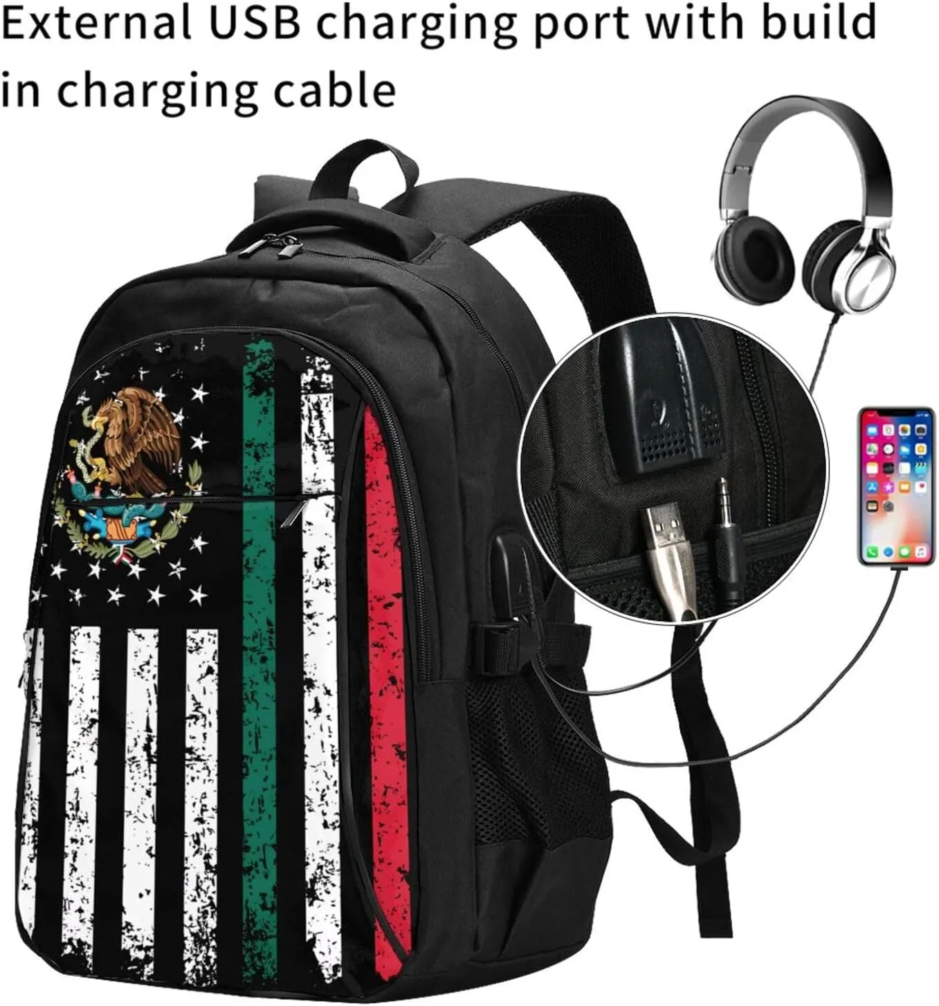 Half Mexican Mexico Half American Flag Casual Travel Backpacks Hiking Camping Backpack Large Outdoor Sport Daypack Laptop Rucksack Climbing Working Bags with USB Port