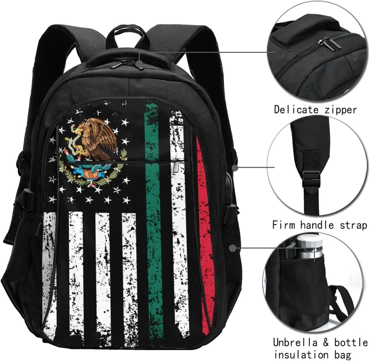 Half Mexican Mexico Half American Flag Casual Travel Backpacks Hiking Camping Backpack Large Outdoor Sport Daypack Laptop Rucksack Climbing Working Bags with USB Port
