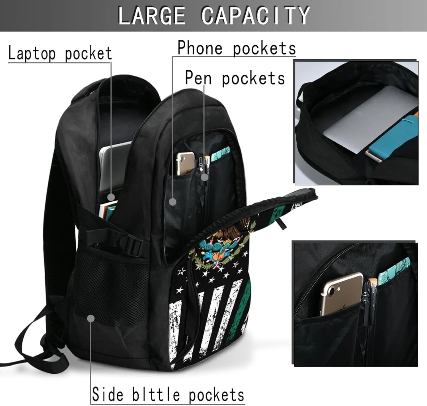 Half Mexican Mexico Half American Flag Casual Travel Backpacks Hiking Camping Backpack Large Outdoor Sport Daypack Laptop Rucksack Climbing Working Bags with USB Port