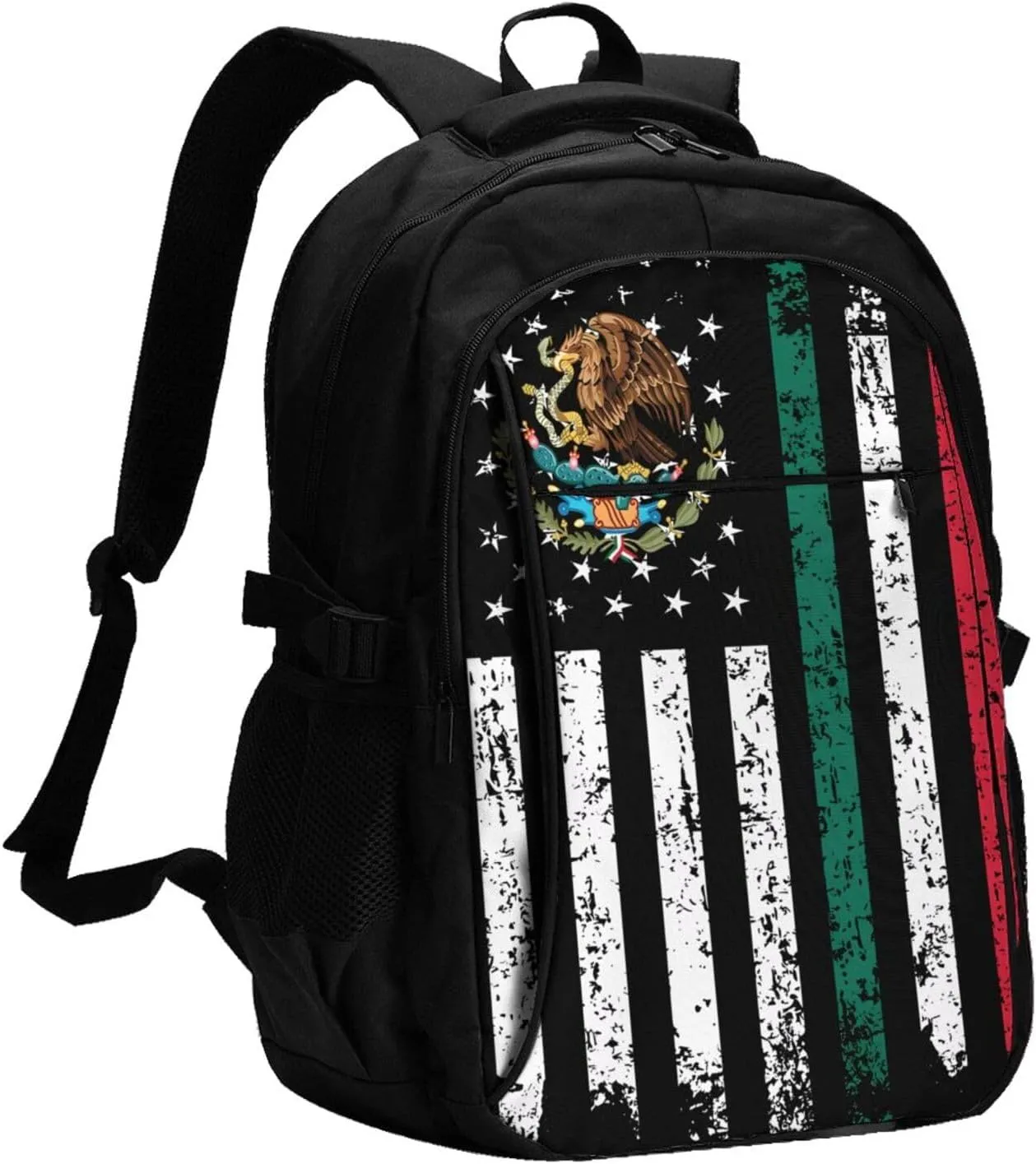 Half Mexican Mexico Half American Flag Casual Travel Backpacks Hiking Camping Backpack Large Outdoor Sport Daypack Laptop Rucksack Climbing Working Bags with USB Port