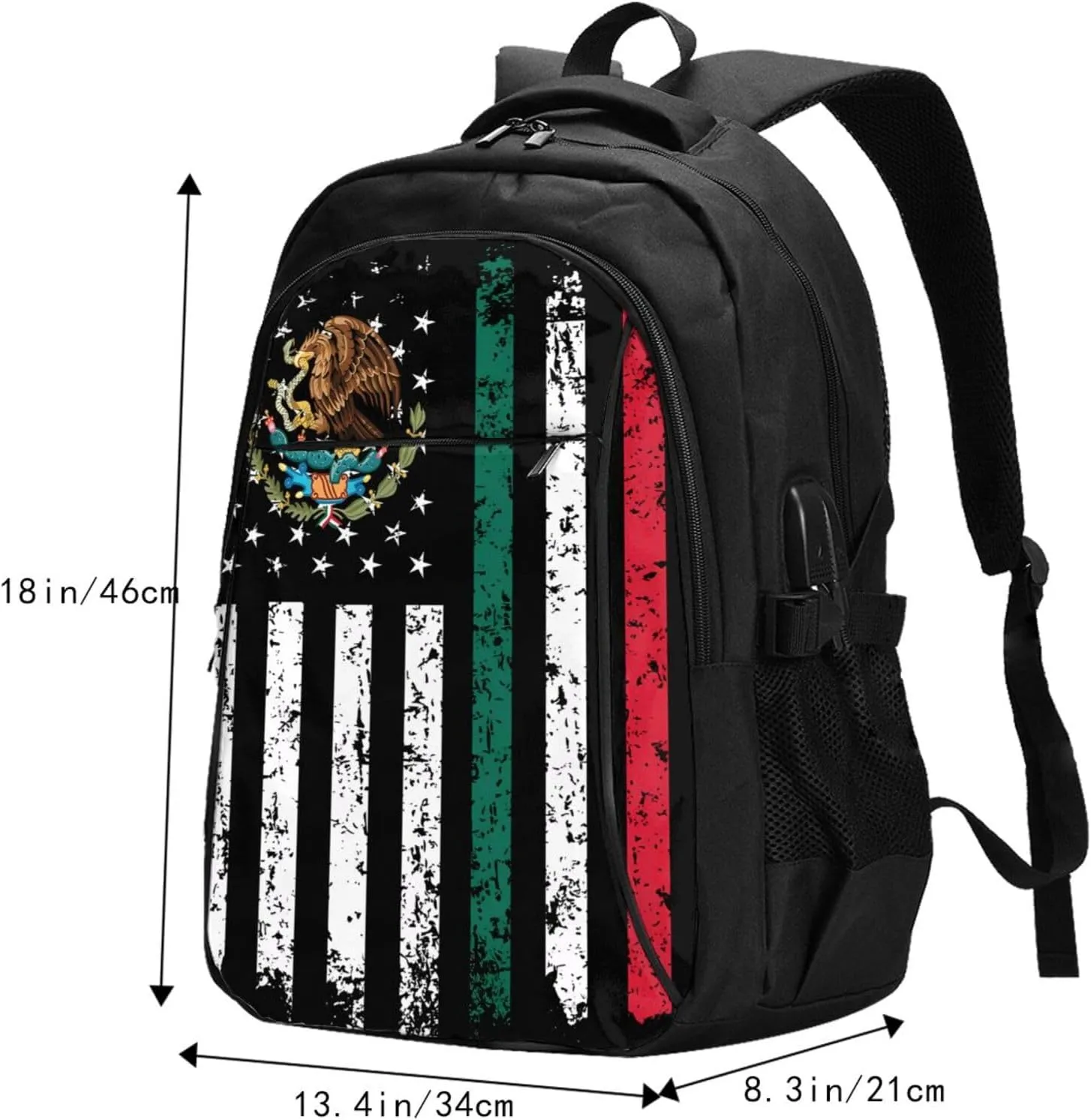 Half Mexican Mexico Half American Flag Casual Travel Backpacks Hiking Camping Backpack Large Outdoor Sport Daypack Laptop Rucksack Climbing Working Bags with USB Port
