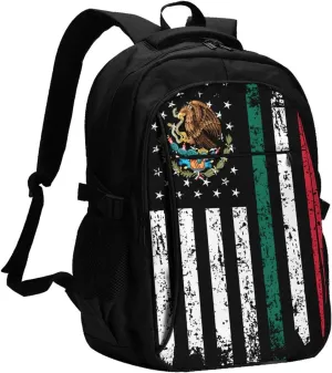 Half Mexican Mexico Half American Flag Casual Travel Backpacks Hiking Camping Backpack Large Outdoor Sport Daypack Laptop Rucksack Climbing Working Bags with USB Port