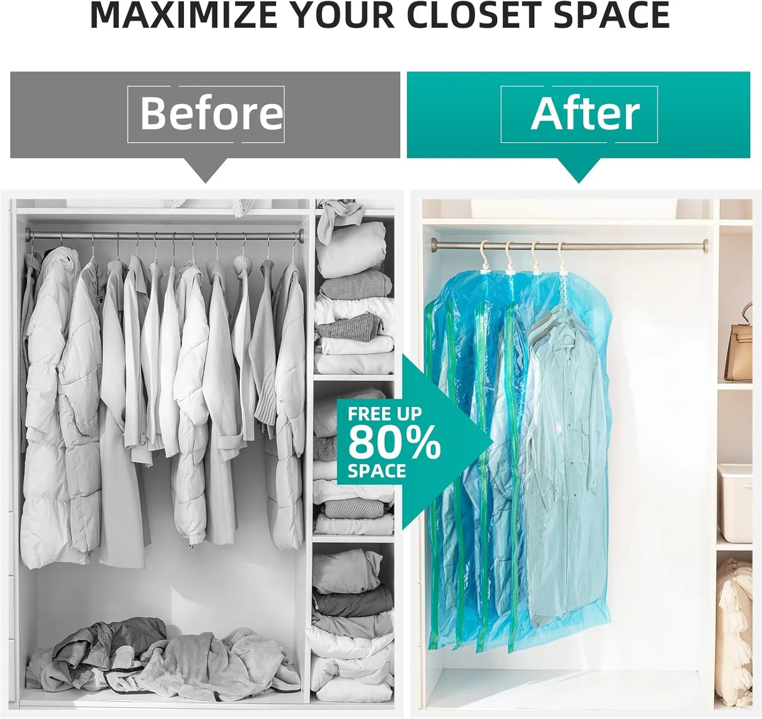 Hanging Vacuum Seal Bags for Clothing, Space Saver Storage Bags Closet Organizers for Coats Jackets, Travel, 4 Jumbo 53x28 (Inch), Blue