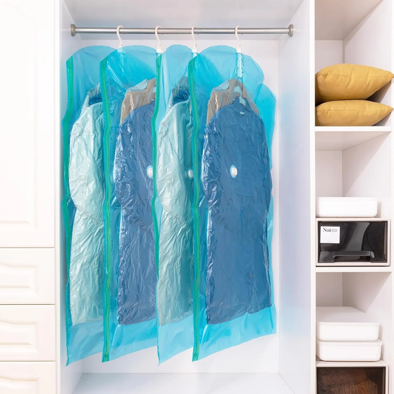 Hanging Vacuum Seal Bags for Clothing, Space Saver Storage Bags Closet Organizers for Coats Jackets, Travel, 4 Jumbo 53x28 (Inch), Blue
