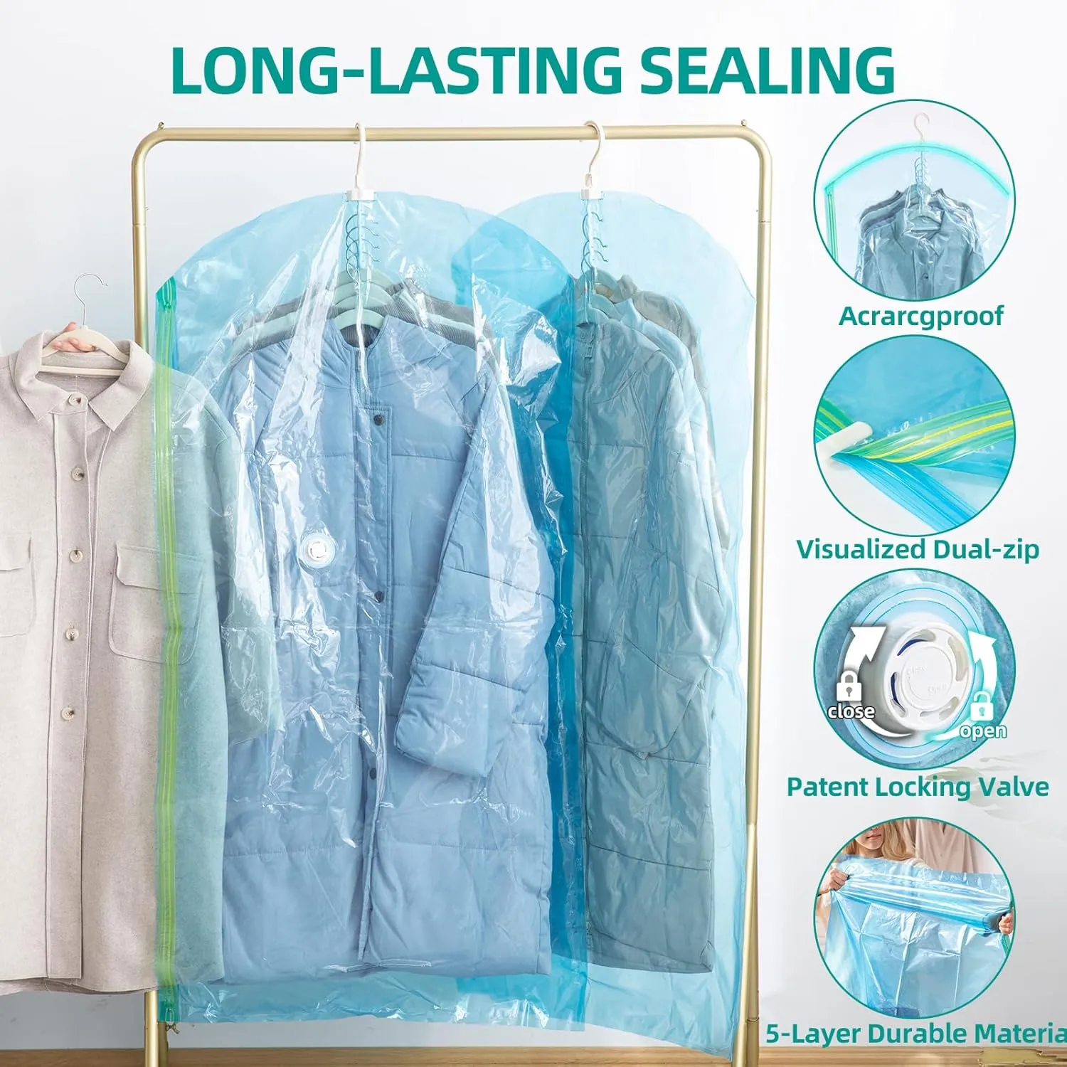 Hanging Vacuum Seal Bags for Clothing, Space Saver Storage Bags Closet Organizers for Coats Jackets, Travel, 4 Jumbo 53x28 (Inch), Blue