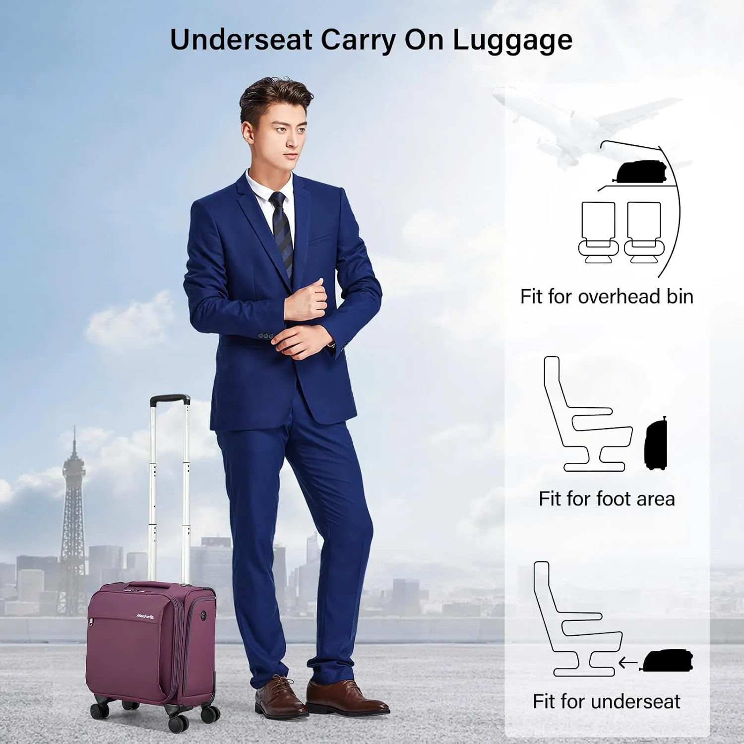 Hanke 16 Inch Underseat Carry On Luggage with Wheels Small Suitcase Softside Luggage Bags for Travel Lightweight Suitcases with Wheels Travel Luggage Personal Item for Men and Women.(Purple)