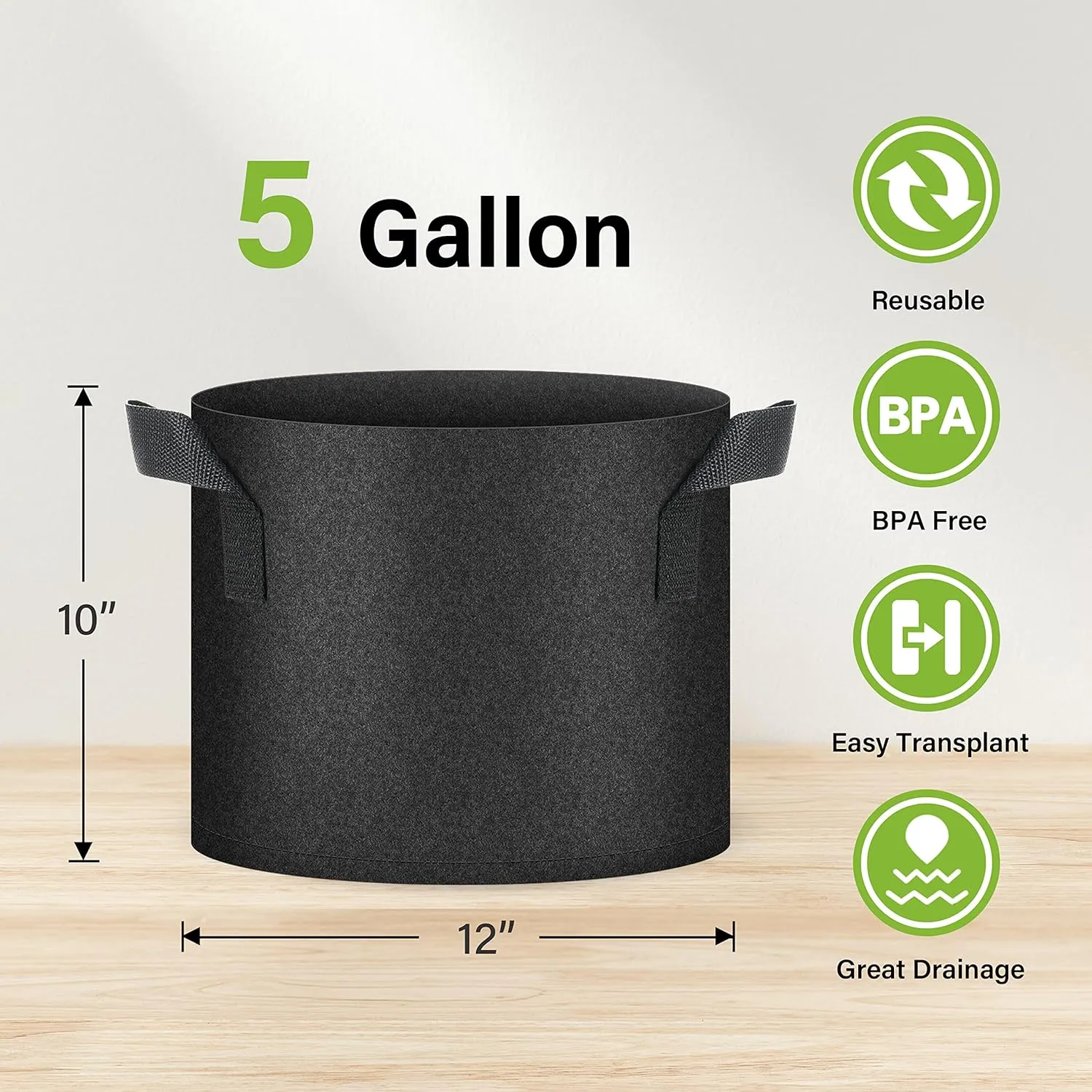 HealSmart Plant Grow Bags 5 Gallon, Tomoato Planter Pots 10-Pack with Handles, Aeration Nonwoven Fabric, Heavy Duty Gardening Planter for Vegetable, Herbs and Flowers, Black