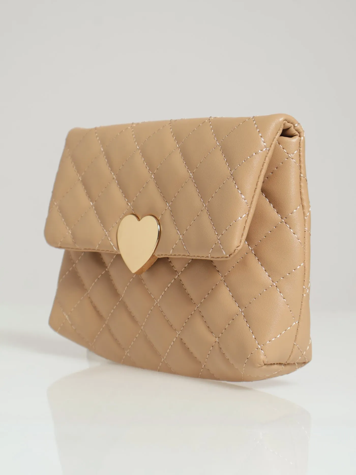 Heart Clasp Diamond Quilt Crossbody Satchel - Sand