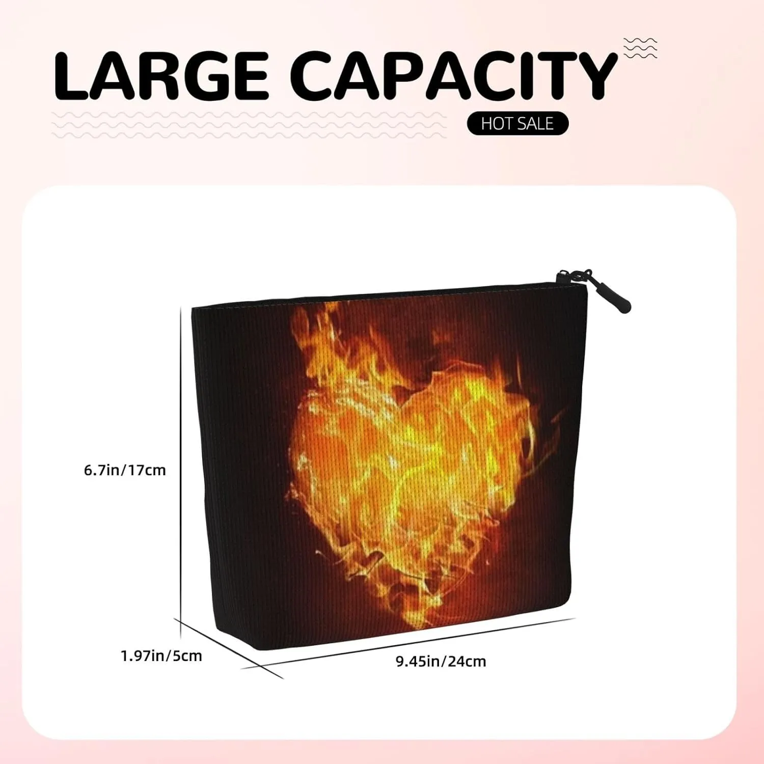 Heart Fire Fame Burn Valentine'S Day Large Capacity Travel Makeup Bag, Makeup Bag For Women, Waterproof Single-Ply Imitation Hemp Portable Zipper Cosmetic Bag, Travel Essentials Toiletry Bag