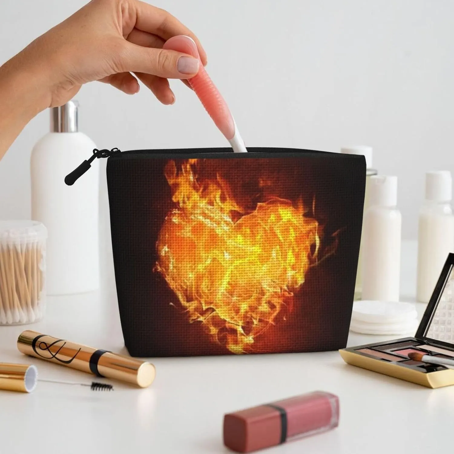 Heart Fire Fame Burn Valentine'S Day Large Capacity Travel Makeup Bag, Makeup Bag For Women, Waterproof Single-Ply Imitation Hemp Portable Zipper Cosmetic Bag, Travel Essentials Toiletry Bag