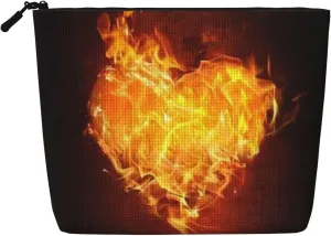 Heart Fire Fame Burn Valentine'S Day Large Capacity Travel Makeup Bag, Makeup Bag For Women, Waterproof Single-Ply Imitation Hemp Portable Zipper Cosmetic Bag, Travel Essentials Toiletry Bag
