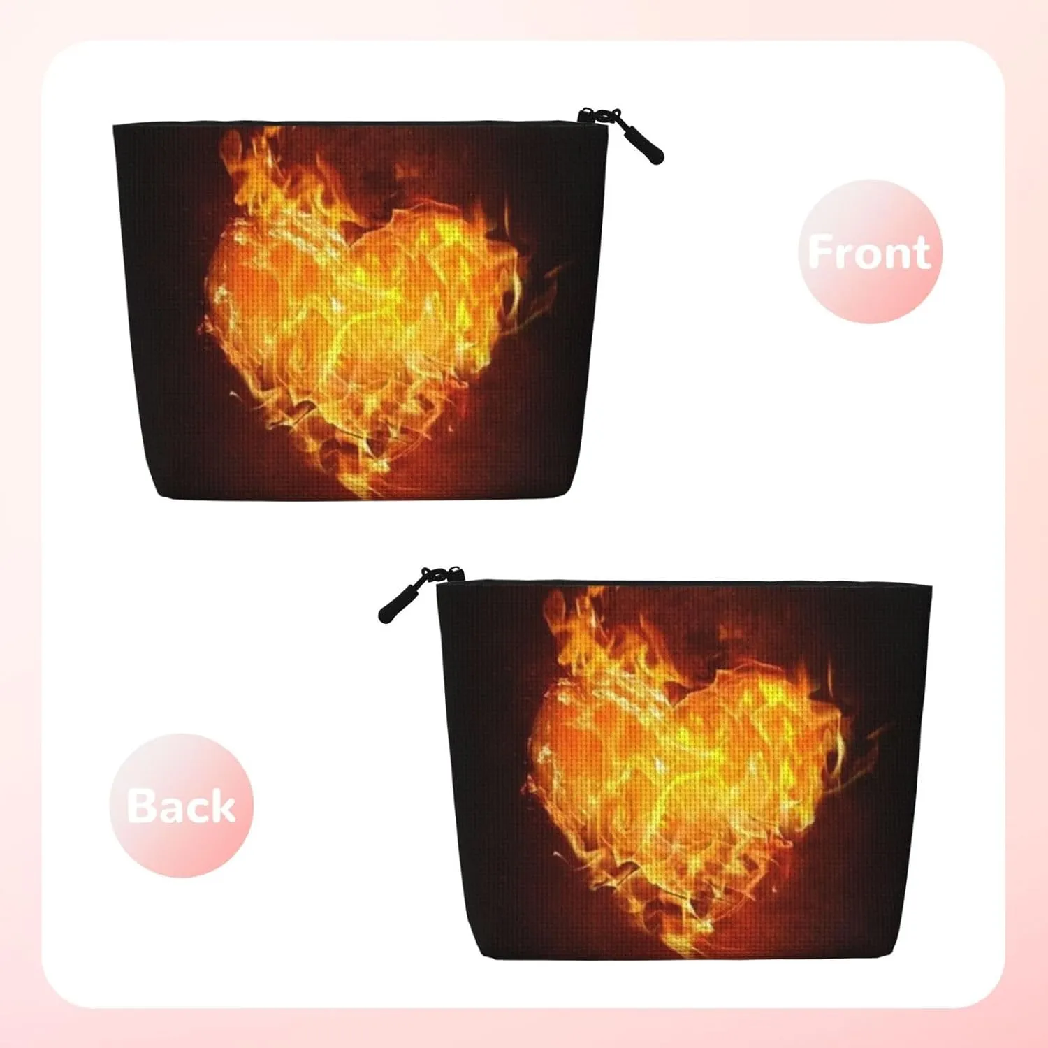 Heart Fire Fame Burn Valentine'S Day Large Capacity Travel Makeup Bag, Makeup Bag For Women, Waterproof Single-Ply Imitation Hemp Portable Zipper Cosmetic Bag, Travel Essentials Toiletry Bag