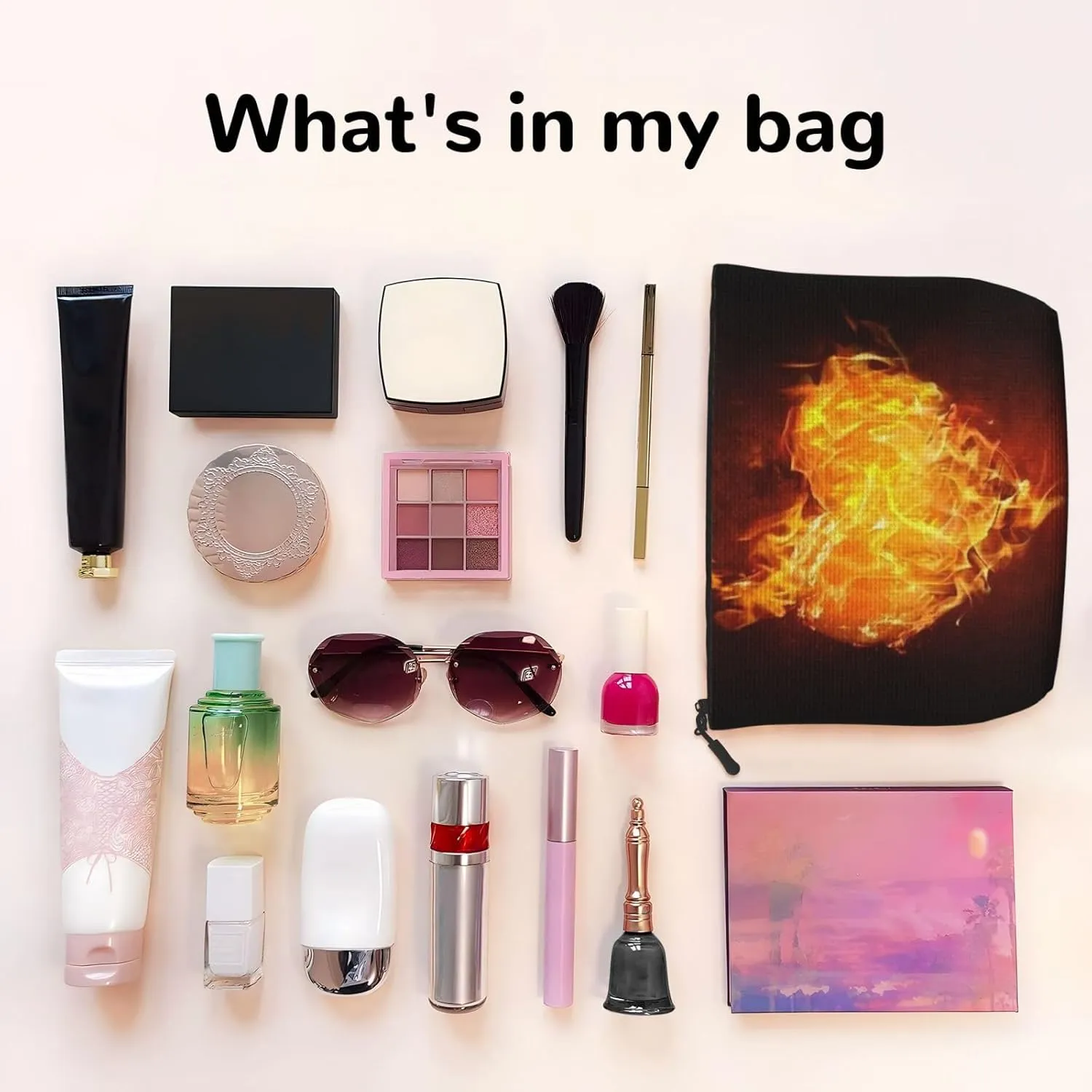 Heart Fire Fame Burn Valentine'S Day Large Capacity Travel Makeup Bag, Makeup Bag For Women, Waterproof Single-Ply Imitation Hemp Portable Zipper Cosmetic Bag, Travel Essentials Toiletry Bag