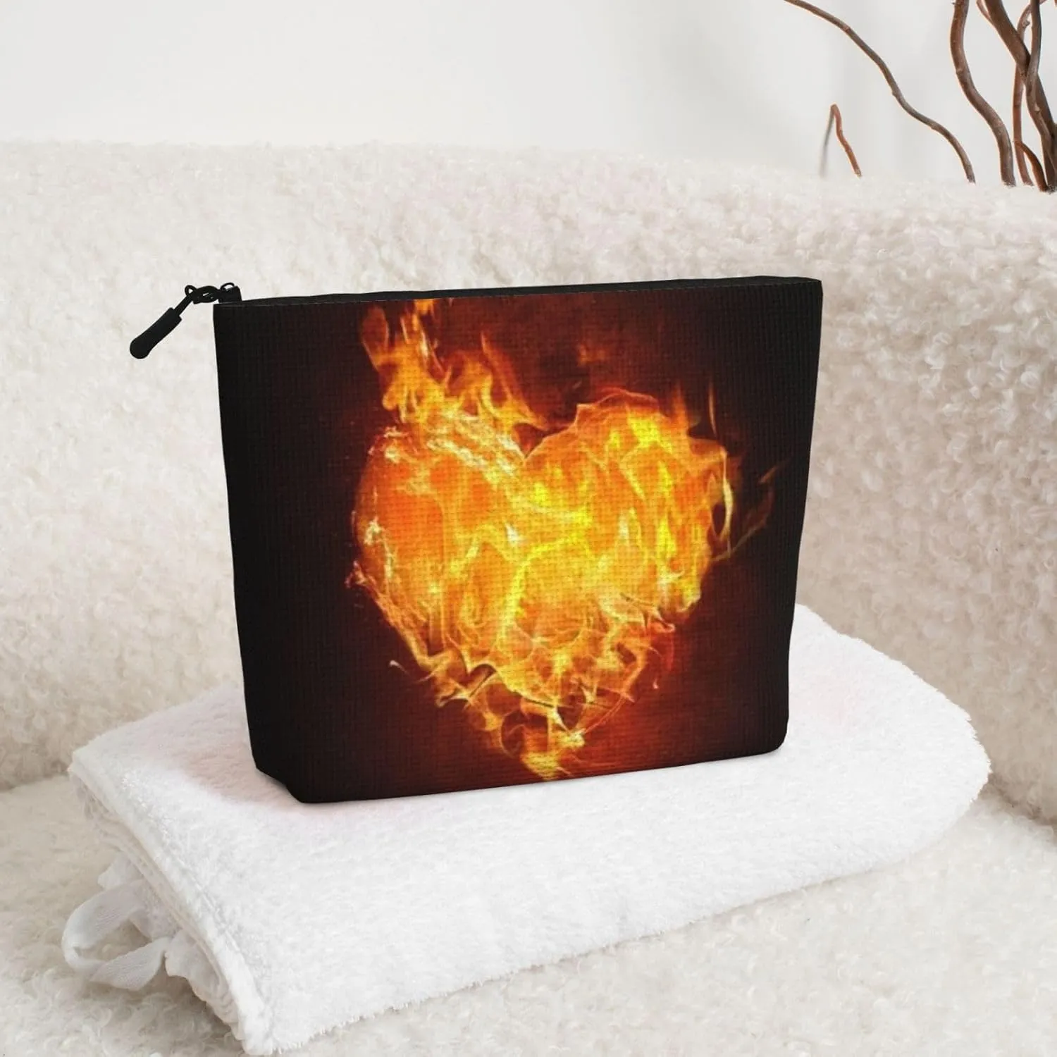 Heart Fire Fame Burn Valentine'S Day Large Capacity Travel Makeup Bag, Makeup Bag For Women, Waterproof Single-Ply Imitation Hemp Portable Zipper Cosmetic Bag, Travel Essentials Toiletry Bag