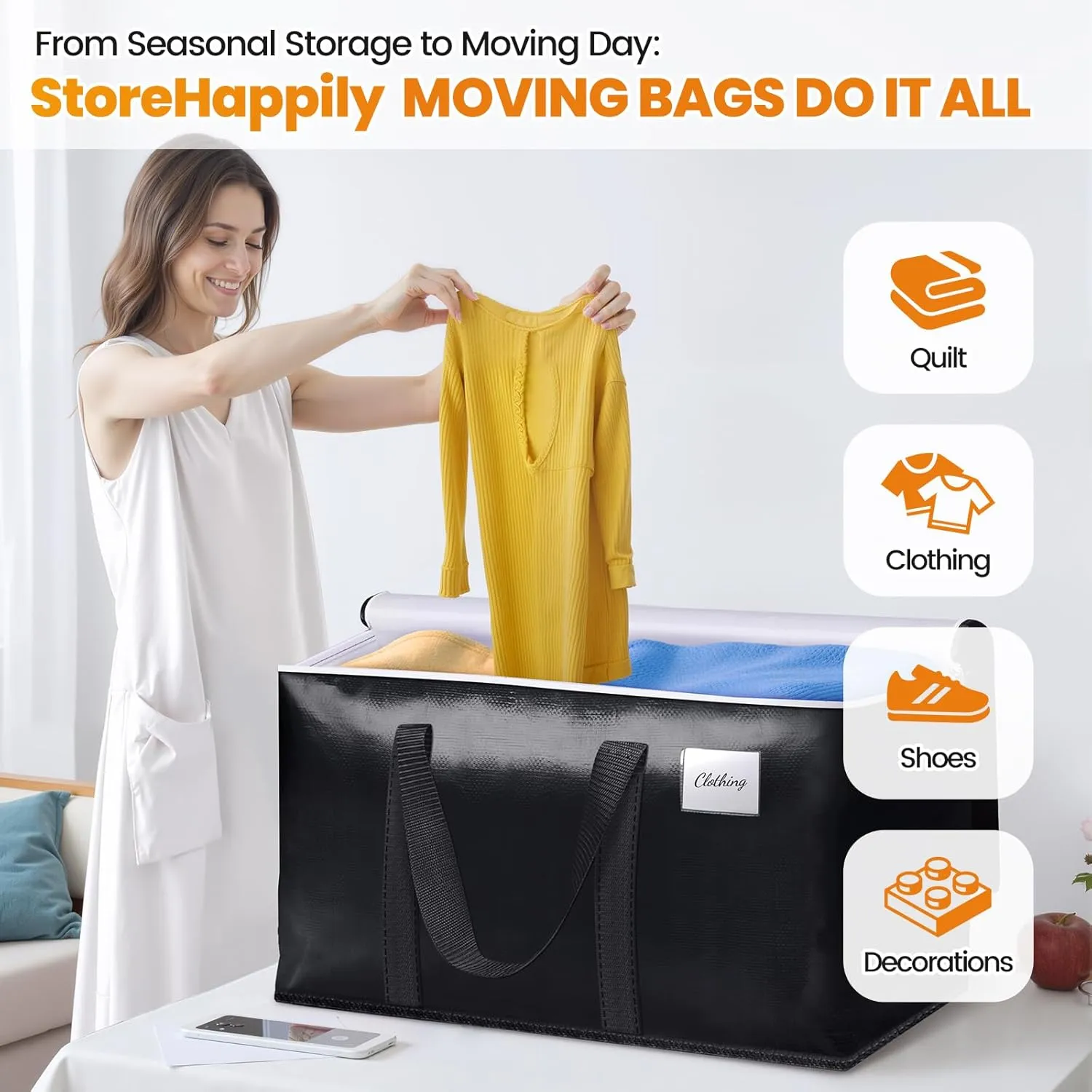 Heavy-Duty & Extra Capacity Moving Bags with Backpack Straps, Storage Totes with Double Zipper & Strong Handles, Packing Bags Alternative to Moving Boxes, Moving Supplies (6 Pack, Black)