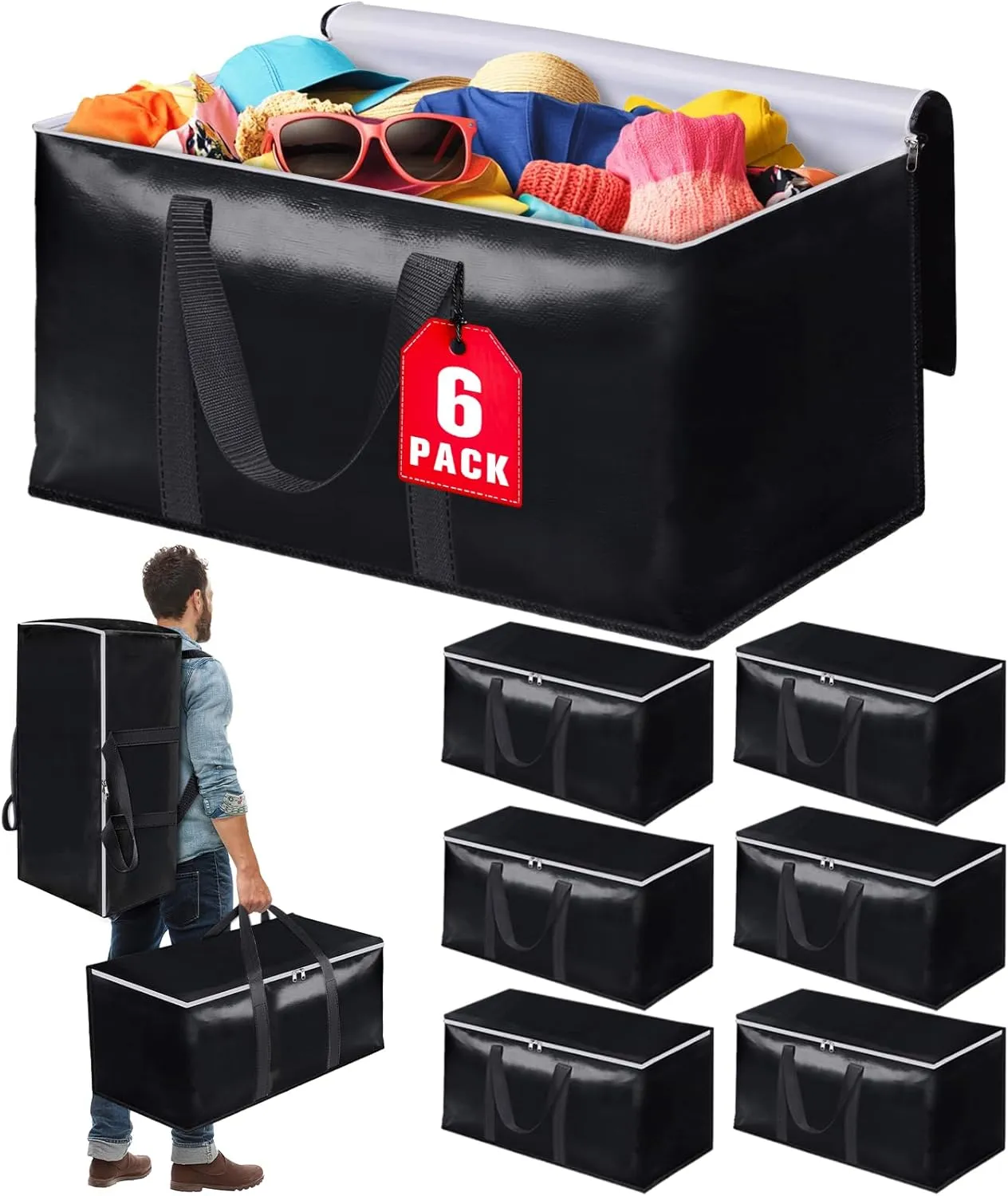 Heavy-Duty & Extra Capacity Moving Bags with Backpack Straps, Storage Totes with Double Zipper & Strong Handles, Packing Bags Alternative to Moving Boxes, Moving Supplies (6 Pack, Black)