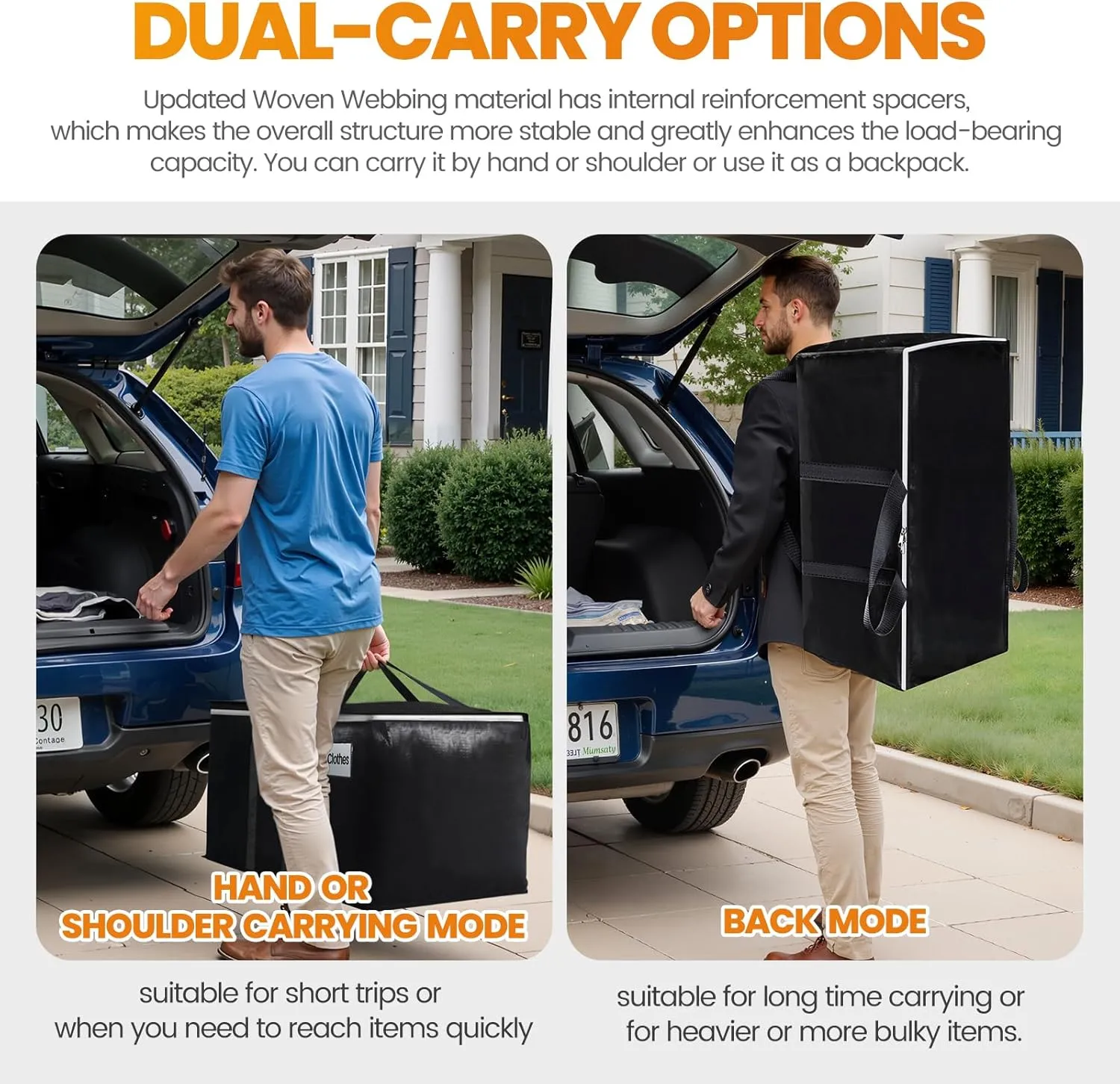 Heavy-Duty & Extra Capacity Moving Bags with Backpack Straps, Storage Totes with Double Zipper & Strong Handles, Packing Bags Alternative to Moving Boxes, Moving Supplies (6 Pack, Black)