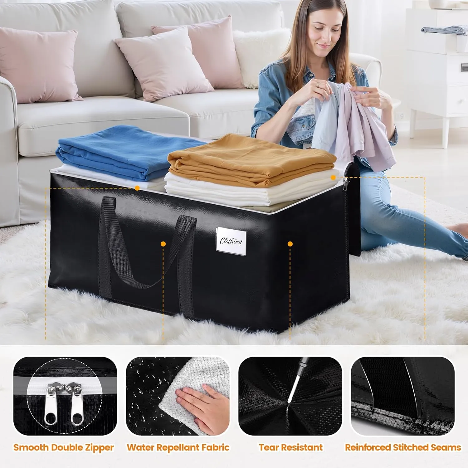 Heavy-Duty & Extra Capacity Moving Bags with Backpack Straps, Storage Totes with Double Zipper & Strong Handles, Packing Bags Alternative to Moving Boxes, Moving Supplies (6 Pack, Black)