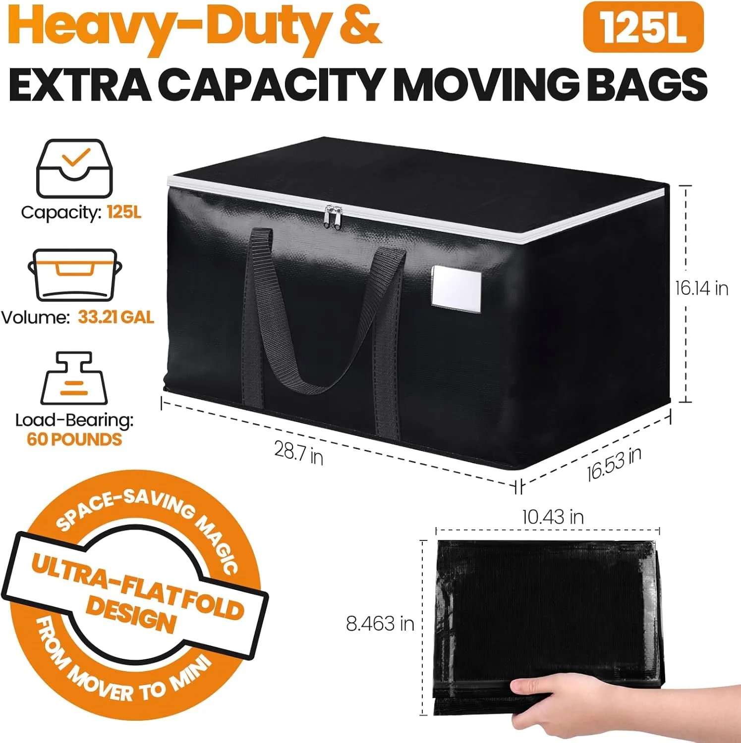 Heavy-Duty & Extra Capacity Moving Bags with Backpack Straps, Storage Totes with Double Zipper & Strong Handles, Packing Bags Alternative to Moving Boxes, Moving Supplies (6 Pack, Black)