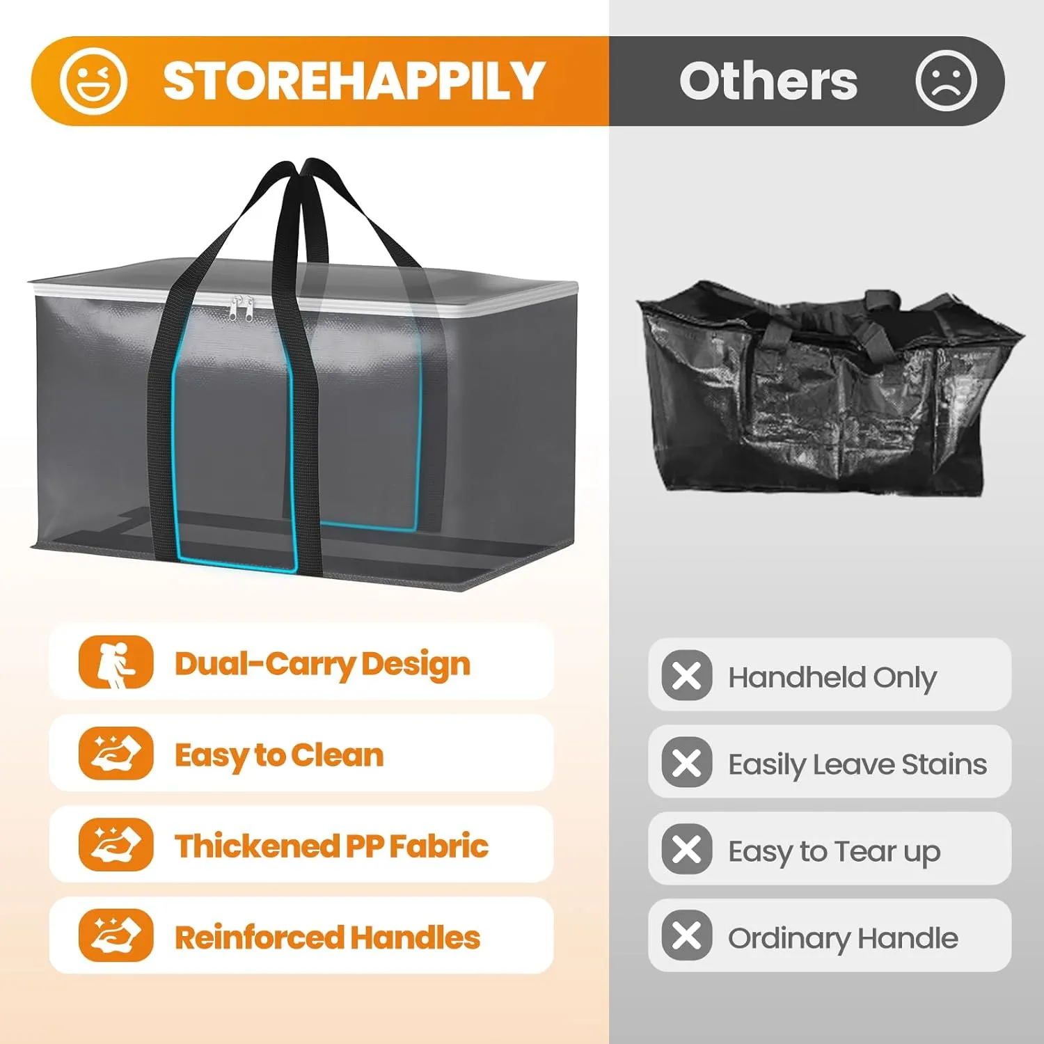 Heavy-Duty & Extra Capacity Moving Bags with Backpack Straps, Storage Totes with Double Zipper & Strong Handles, Packing Bags Alternative to Moving Boxes, Moving Supplies (6 Pack, Black)