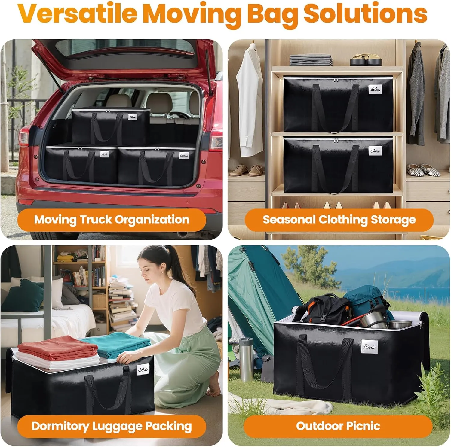 Heavy-Duty & Extra Capacity Moving Bags with Backpack Straps, Storage Totes with Double Zipper & Strong Handles, Packing Bags Alternative to Moving Boxes, Moving Supplies (6 Pack, Black)