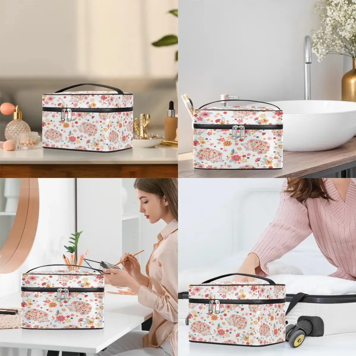 Hedgehogs Pattern Makeup Bag Small Cosmetic Bag for Women Travel Makeup Case Organizer Portable Zipper Make Up Brush Bag Cute Toiletry Bag Storage Bags with Handle