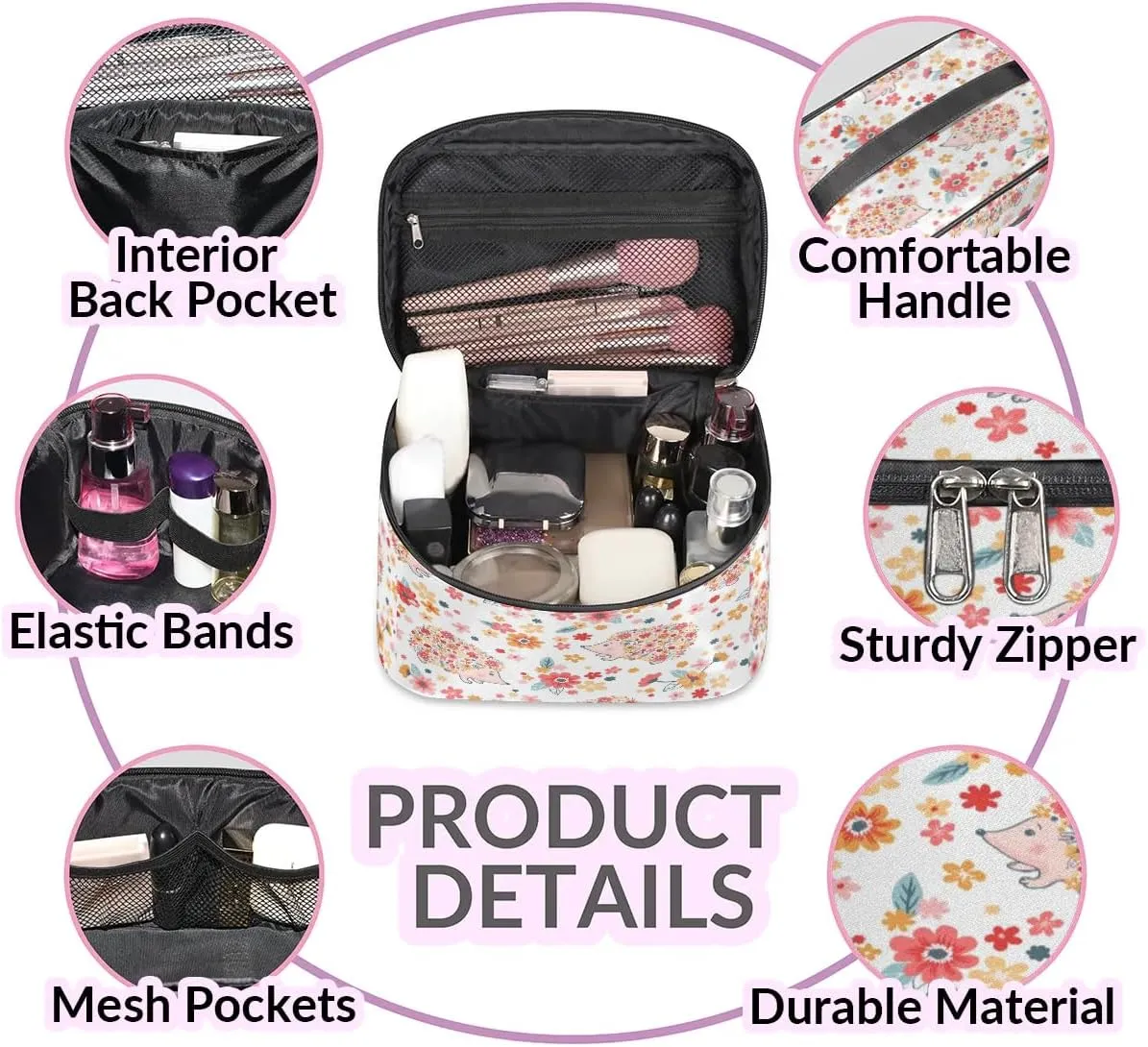 Hedgehogs Pattern Makeup Bag Small Cosmetic Bag for Women Travel Makeup Case Organizer Portable Zipper Make Up Brush Bag Cute Toiletry Bag Storage Bags with Handle