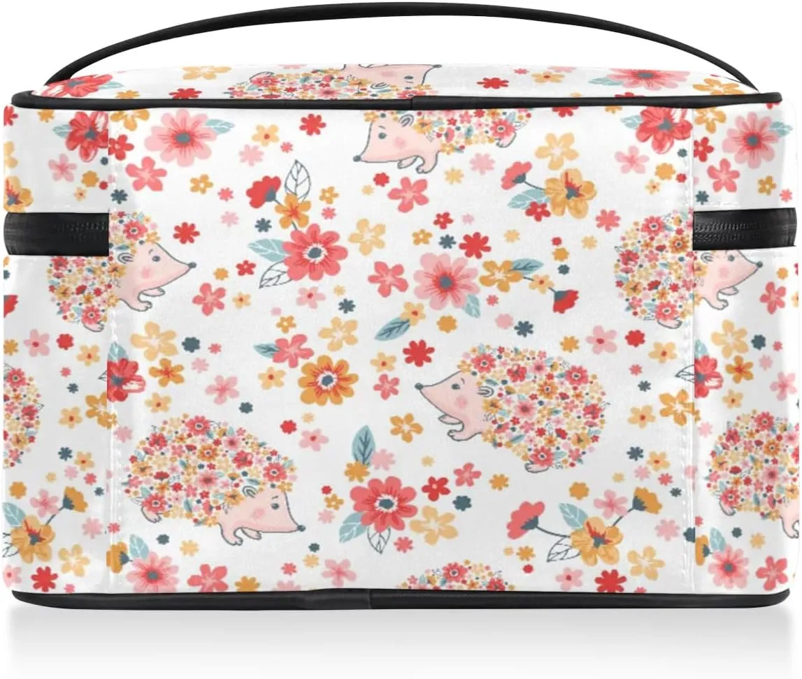 Hedgehogs Pattern Makeup Bag Small Cosmetic Bag for Women Travel Makeup Case Organizer Portable Zipper Make Up Brush Bag Cute Toiletry Bag Storage Bags with Handle