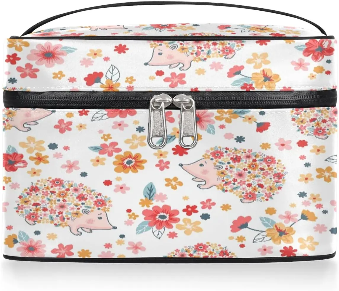 Hedgehogs Pattern Makeup Bag Small Cosmetic Bag for Women Travel Makeup Case Organizer Portable Zipper Make Up Brush Bag Cute Toiletry Bag Storage Bags with Handle