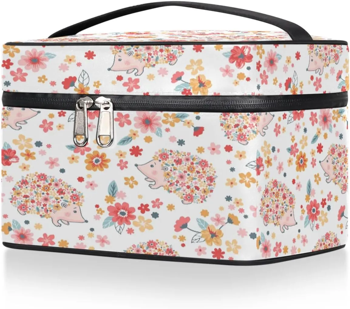 Hedgehogs Pattern Makeup Bag Small Cosmetic Bag for Women Travel Makeup Case Organizer Portable Zipper Make Up Brush Bag Cute Toiletry Bag Storage Bags with Handle