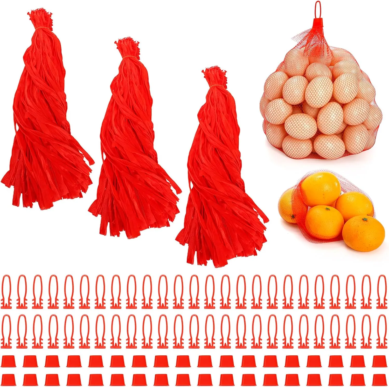 Hedume 300 Pack 20'' Mesh Nylon Netting with Loop-Style Closures, Red Reusable Produce Mesh Bags, Expandable Plastic Mesh Produce Bags for Fruit, Seafood, Crab, Garlic, Eggs Packing Supplies