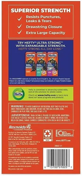Hefty E85274 Strong Tall Kitchen & Trash Bags, 30gal, 1.1 Mil, Black, 74/Box