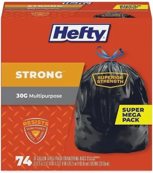 Hefty E85274 Strong Tall Kitchen & Trash Bags, 30gal, 1.1 Mil, Black, 74/Box