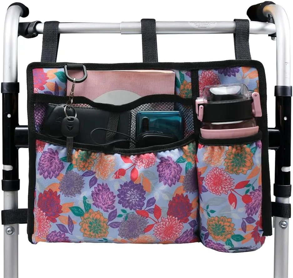 HEOPBIRD Walker Accessories Bag Backet Pouch Cup Holder for Folding Walker Seniors with Pockets Storage Organizer (Yellow Flower)
