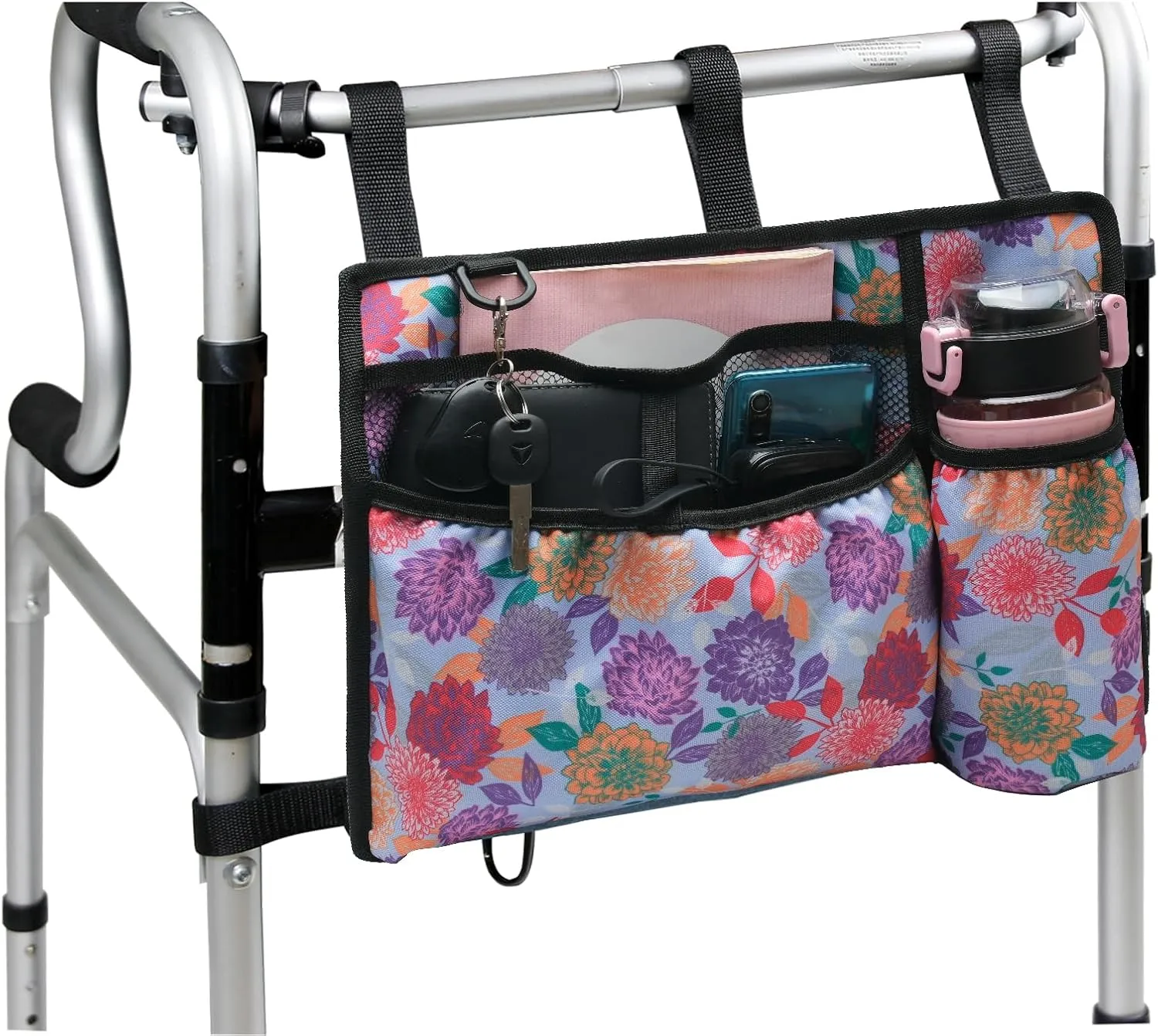 HEOPBIRD Walker Accessories Bag Backet Pouch Cup Holder for Folding Walker Seniors with Pockets Storage Organizer (Yellow Flower)