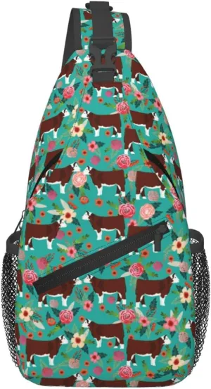 Hereford Cow Cattle Floral Sling Anti Theft Chest Bag For Men and Women Multipurpose Lightweight Casual Mini Backpack Single Shoulder Crossbody Bags