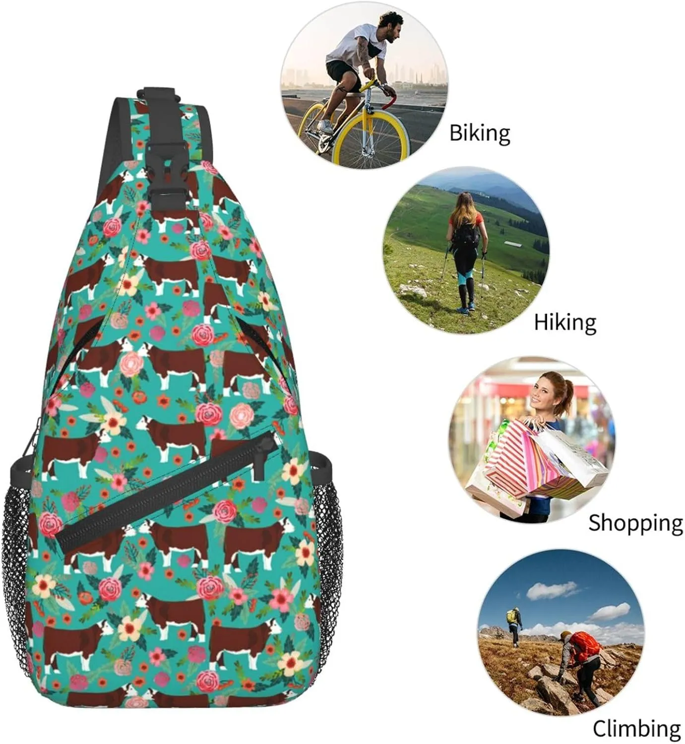 Hereford Cow Cattle Floral Sling Anti Theft Chest Bag For Men and Women Multipurpose Lightweight Casual Mini Backpack Single Shoulder Crossbody Bags