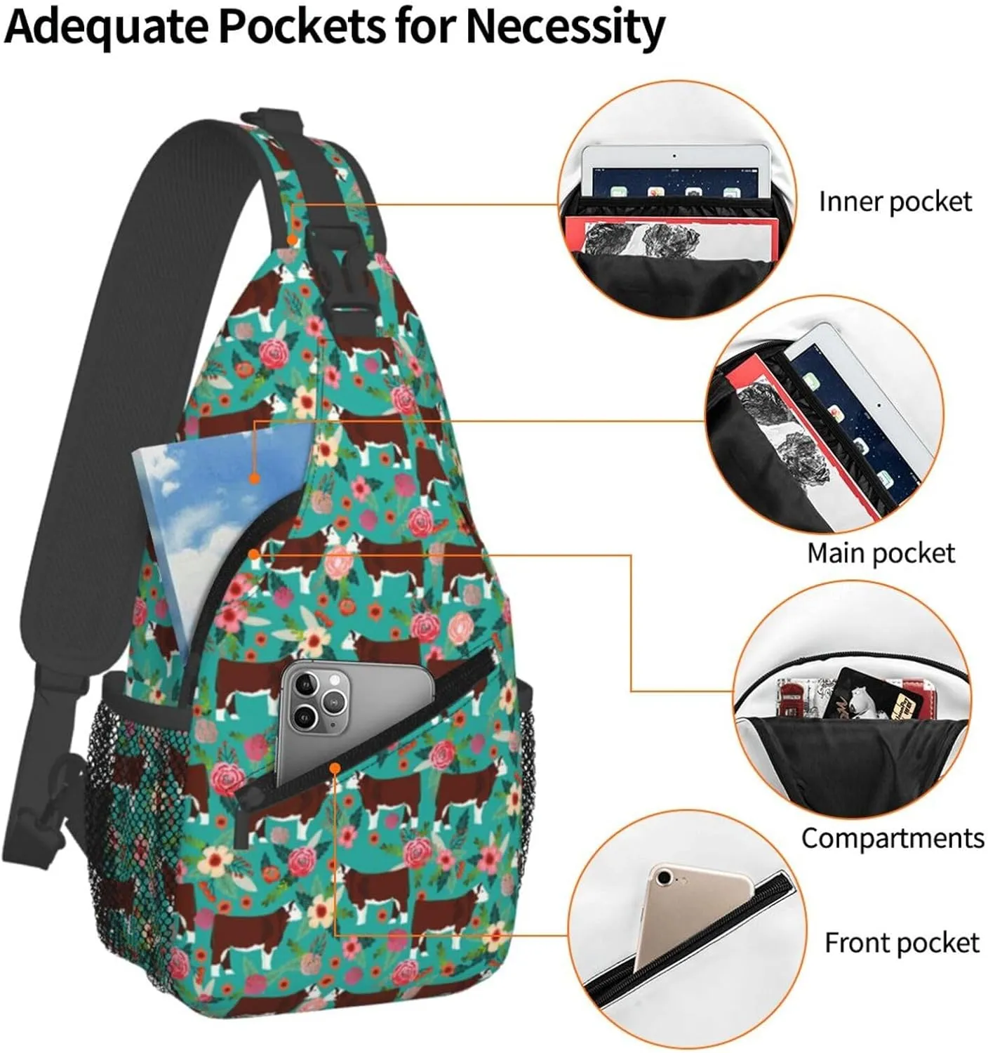 Hereford Cow Cattle Floral Sling Anti Theft Chest Bag For Men and Women Multipurpose Lightweight Casual Mini Backpack Single Shoulder Crossbody Bags