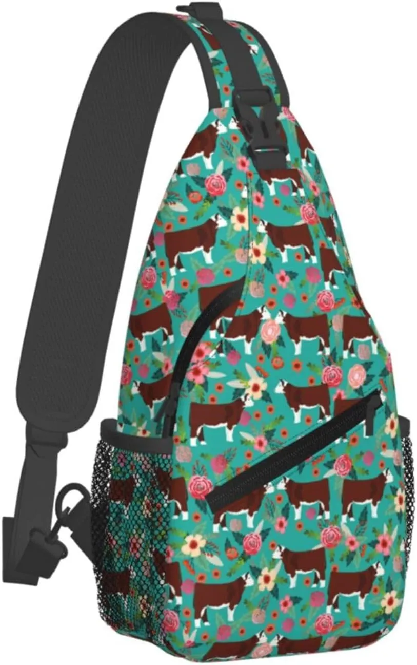 Hereford Cow Cattle Floral Sling Anti Theft Chest Bag For Men and Women Multipurpose Lightweight Casual Mini Backpack Single Shoulder Crossbody Bags