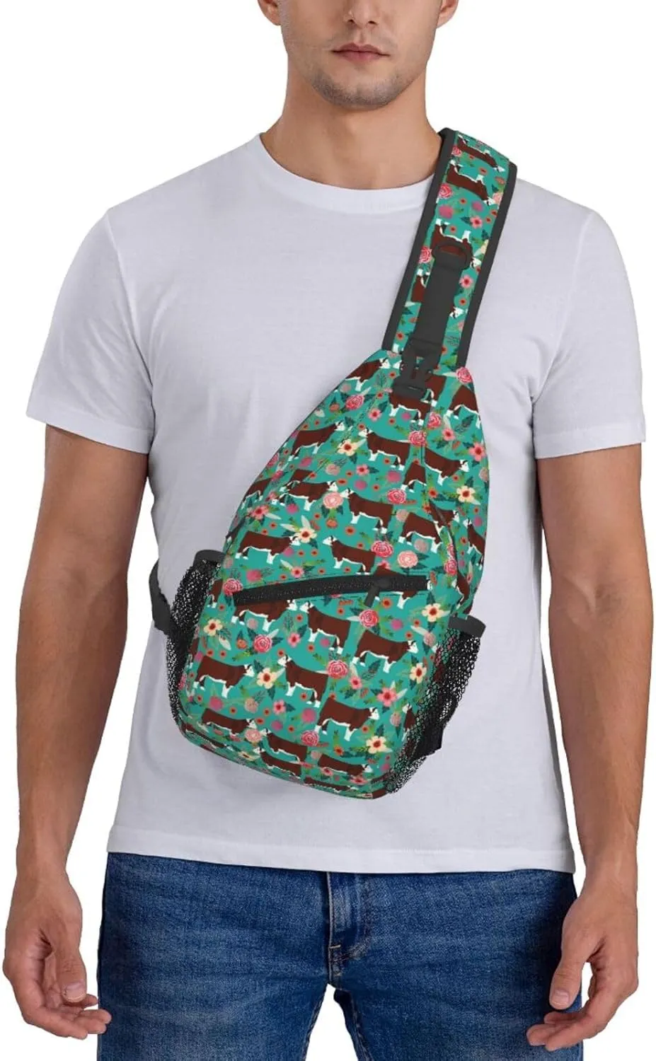 Hereford Cow Cattle Floral Sling Anti Theft Chest Bag For Men and Women Multipurpose Lightweight Casual Mini Backpack Single Shoulder Crossbody Bags