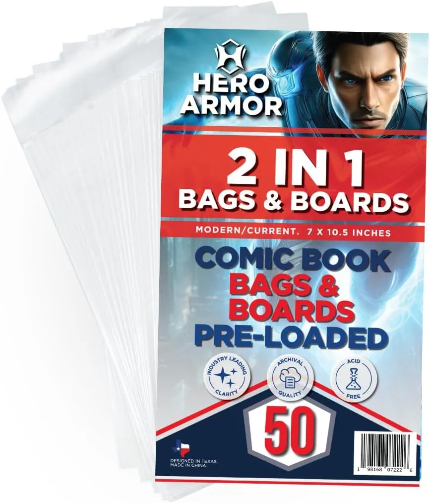 Hero Armor Comic Book Bags and Boards - Boards are pre-loaded into comic book sleeves! Resealable, Acid-Free, Archival Quality, Crystal Clear Sleeves & Pre-loaded Boards-50 Count Comic Book Collectors