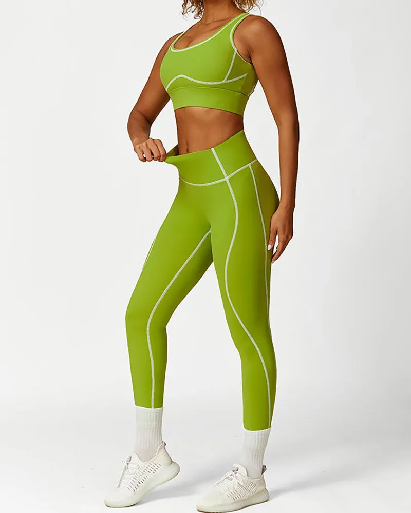 High Waist Colorblock Slim Line Hollow Out Sports Bra Shorts Pants S-L