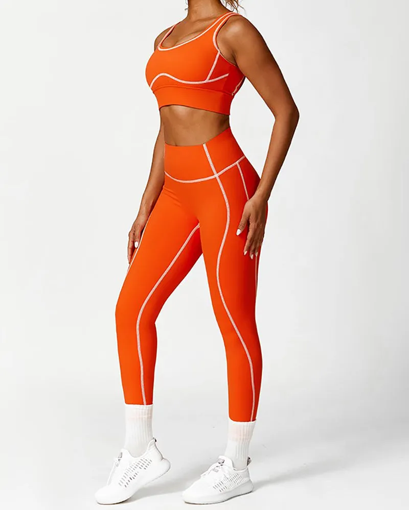 High Waist Colorblock Slim Line Hollow Out Sports Bra Shorts Pants S-L