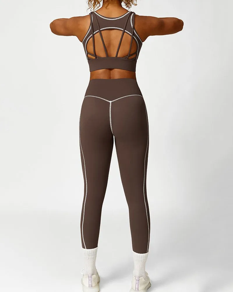 High Waist Colorblock Slim Line Hollow Out Sports Bra Shorts Pants S-L