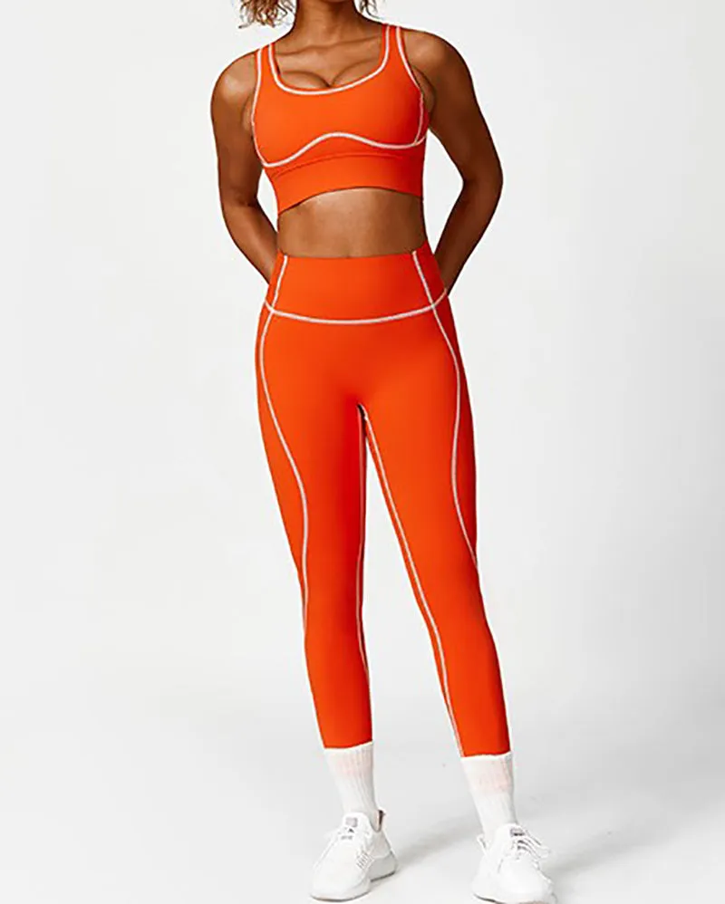 High Waist Colorblock Slim Line Hollow Out Sports Bra Shorts Pants S-L
