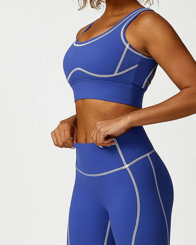High Waist Colorblock Slim Line Hollow Out Sports Bra Shorts Pants S-L