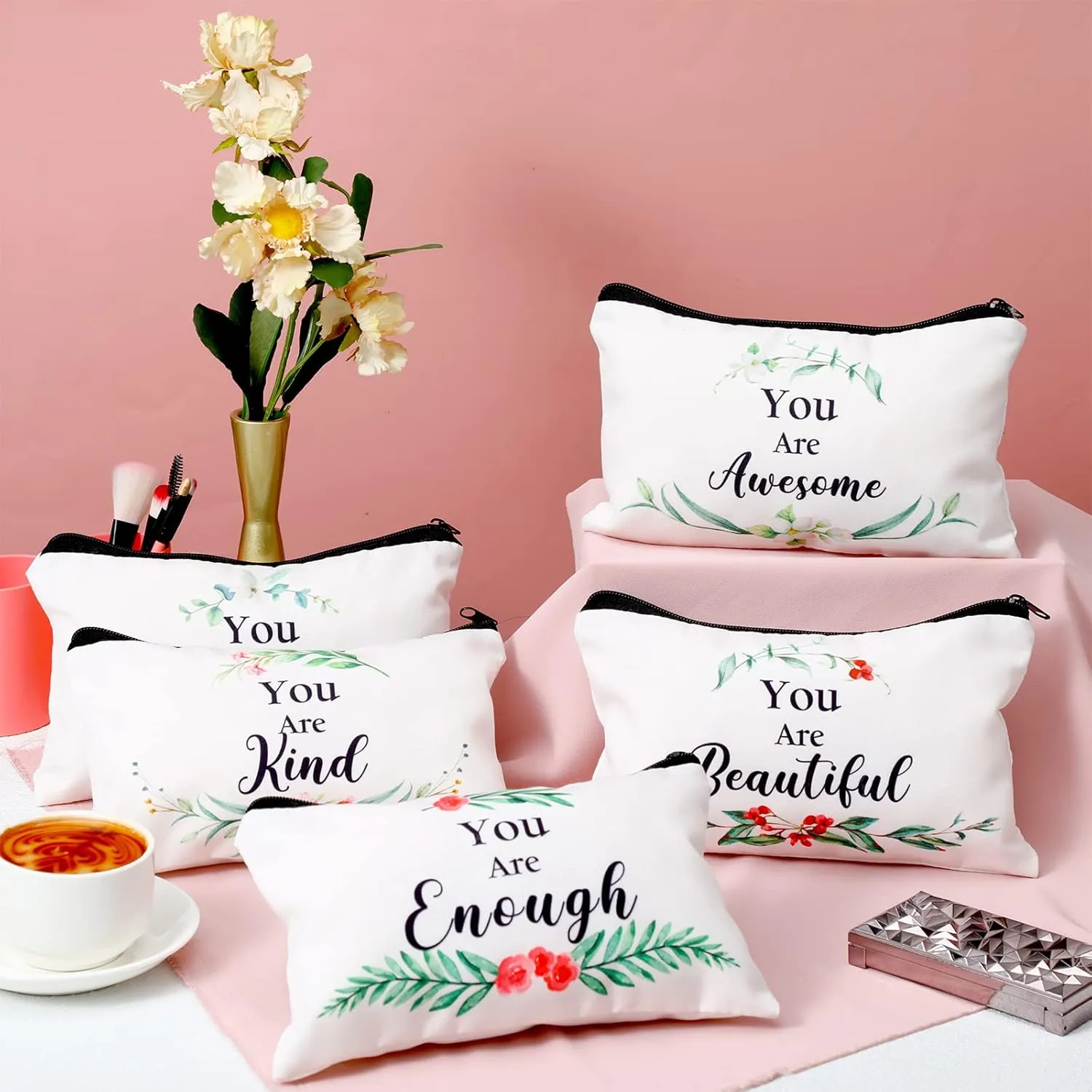 Hillban 10 Pcs Inspirational Cosmetic Bag Gifts for Mother's Day Women Bulk Christian Gifts for Women Church Employee Appreciation Makeup Bag Canvas Travel Pouch You Are Amazing(Classic,White)